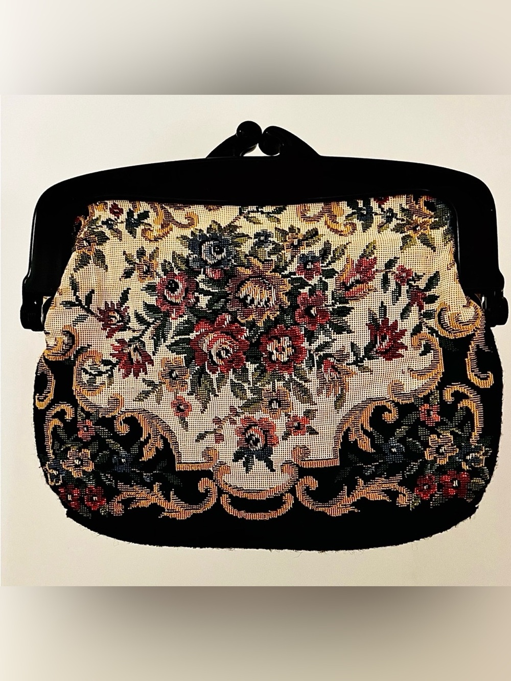 Vintage Mid Century Floral Needlepoint Both Sides Clutch Lucite Frame 7x8